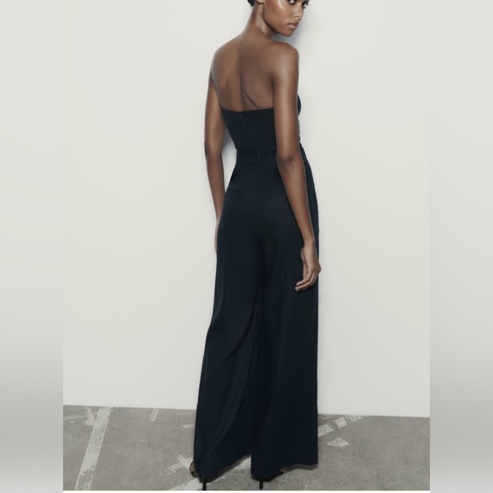 Zara Strapless Linen Blend Jumpsuit Straight
Neck Wide Leg Navy Boho Blogger - Picture 2 of 5
